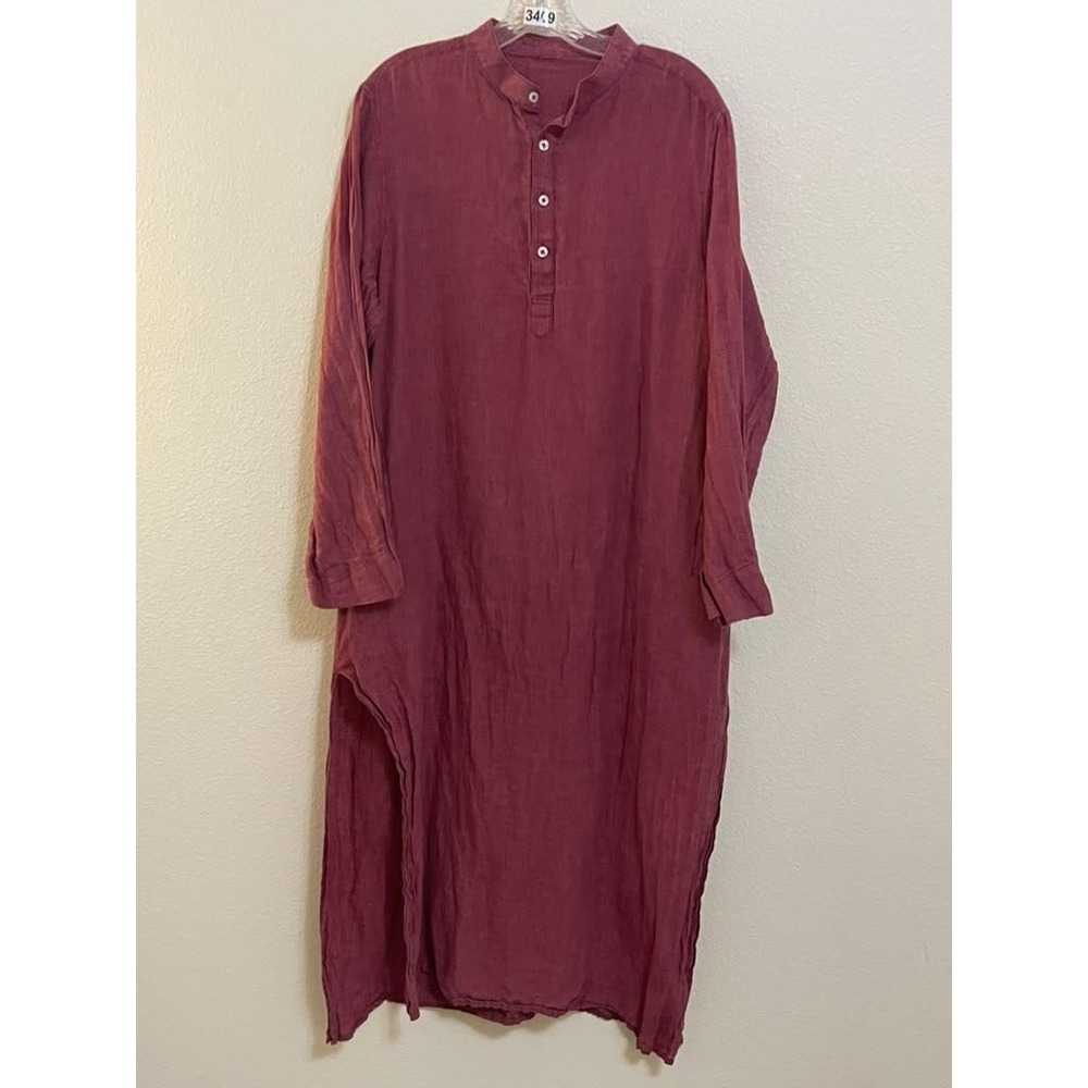 Burgundy Linen Blend Mandarin Collar Kurta Maxi Tunic Long Sleeve Side Slits